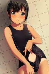 Rule 34 | 1girl, absurdres, bare arms, bare shoulders, black hair, black one-piece swimsuit, blush, breasts, brown eyes, collarbone, cowboy shot, gluteal fold, highres, looking at viewer, matsunaga kouyou, navel, nose blush, one-piece swimsuit, one-piece tan, original, parted lips, school swimsuit flap, small breasts, solo, swimsuit, tan, tanline, tile wall, tiles