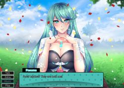 Rule 34 | 1girl, absurdres, breasts, chest jewel, cleavage, crossover, desk, dialogue box, doki doki literature club, earrings, field, fingers together, gameplay mechanics, green eyes, green hair, hair down, highres, jewelry, large breasts, long hair, looking at viewer, miike-san, petals, pneuma (xenoblade), pov, solo, spoilers, swept bangs, talking, very long hair, visual novel, xenoblade chronicles (series), xenoblade chronicles 2