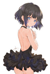 Rule 34 | 1girl, ass, bare back, bare shoulders, black hair, black leotard, blue eyes, blush, commentary, cowboy shot, hands on own chest, highres, io (io oekaki), leotard, looking at viewer, looking back, original, own hands together, short hair, simple background, solo, white background
