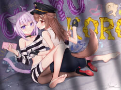 Rule 34 | 2girls, ahoge, animal ear fluff, animal ears, ass, barefoot, black collar, black footwear, black gloves, black headwear, black skirt, blush, bone hair ornament, braid, breasts, brown eyes, brown hair, brown pantyhose, cat ears, cat girl, cat tail, cellphone, cleavage, closed mouth, collar, collarbone, cropped shirt, cuffs, dog ears, dog girl, dog hair ornament, dog tail, feet, gloves, hair between eyes, hair ornament, hairclip, handcuffs, hat, high heels, holding, holding phone, hololive, inugami korone, key, lips, long hair, looking at viewer, medium breasts, midriff, multiple girls, naomi (fantasia), navel, nekomata okayu, off shoulder, open mouth, pantyhose, pencil skirt, phone, purple eyes, purple hair, shirt, short hair, shorts, skirt, sleeveless, sleeveless shirt, smartphone, smile, soles, striped clothes, striped shirt, striped shorts, tail, toes, v, virtual youtuber, white shirt