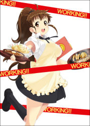 Rule 34 | 1girl, apron, armpit peek, bow, breasts, brown eyes, brown hair, female focus, food, kneehighs, large breasts, loafers, mizuki makoto, open mouth, ponytail, shoes, socks, solo, taneshima popura, tray, waitress, white background, working!!
