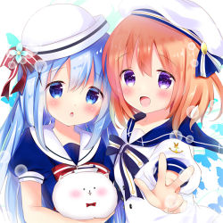 Rule 34 | 2girls, :d, anchor symbol, angora rabbit, animal, beret, blue bow, blue dress, blue eyes, blue flower, blue hair, blue sailor collar, blush, bow, bowtie, brown hair, bug, butterfly, commentary request, dress, flower, gochuumon wa usagi desu ka?, hair between eyes, hair bow, hat, hoto cocoa, insect, kafuu chino, long hair, multiple girls, open mouth, outstretched arm, parted lips, puffy short sleeves, puffy sleeves, purple eyes, rabbit, red bow, red neckwear, rikatan, sailor collar, sailor hat, short sleeves, smile, striped, striped bow, tippy (gochiusa), v, white dress, white headwear, white sailor collar