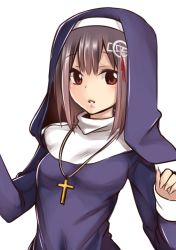 Rule 34 | 10s, 1girl, alice (hightouch), alternate costume, breasts, brown eyes, brown hair, cross, cross necklace, haguro (kancolle), hair ornament, jewelry, kantai collection, long hair, necklace, nun, open mouth, small breasts, solo, traditional nun, white background