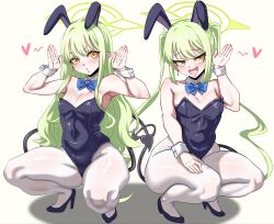 Rule 34 | 2girls, absurdres, alternate costume, animal ears, armpits, black leotard, blue archive, blush, breasts, cleavage, collar, demon girl, demon tail, detached collar, fake animal ears, fang, green hair, halo, heart, highres, hikari (blue archive), leotard, long hair, looking at viewer, multiple girls, nozomi (blue archive), open mouth, pantyhose, pointy ears, siblings, sidelocks, sisters, skin fang, small breasts, smile, strapless, strapless leotard, tail, twintails, white background, white collar, white pantyhose, woo (woosan), yellow eyes, yellow halo