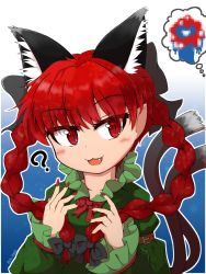 Rule 34 | 1girl, :3, :d, ?, animal ear fluff, animal ears, blue background, blush, bow, braid, cat ears, dress, expo2025, fang, myaku-myaku, kaenbyou rin, long sleeves, looking to the side, nail polish, omochi (omochi natto), open mouth, outline, red eyes, red hair, red nails, simple background, smile, solo, touhou, twin braids, twitter username, white outline