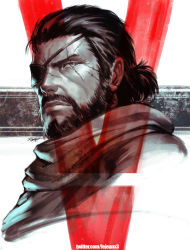 Rule 34 | 1boy, big boss, close-up, closed mouth, eyepatch, facial hair, gradient background, male focus, metal gear (series), metal gear solid, metal gear solid v: the phantom pain, rejean dubois, roman numeral, scar, scar on face, scarf, signature, solo, striped, striped background, twitter username, upper body, venom snake