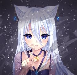 Rule 34 | 1girl, animal ears, bad id, bad pixiv id, bell, blue eyes, blush, cat ears, cat girl, collar, collarbone, crystal earrings, drawing, earrings, fourth wall, glass, heart, jewelry, long hair, looking at viewer, nami (nyaa), open mouth, original, pointing, pointing at viewer, simple background, solo, water, water drop, watermark