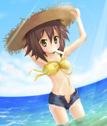 Rule 34 | 00s, brown hair, cutoffs, denim, denim shorts, food, hat, kusakabe misao, lucky star, ocean, open fly, popsicle, short hair, shorts, solo, straw hat, unzipped, yellow eyes