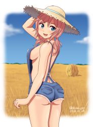 Rule 34 | 1girl, ass, back, backless outfit, blue eyes, blush, breasts, cowboy shot, day, field, hand on headwear, hat, hay, large breasts, looking at viewer, looking back, low twintails, monica blueash, naked overalls, open mouth, outdoors, overalls, pink hair, school girl strikers, shimeta hiromitsu, sideboob, smile, solo, straw hat, suspenders, twintails