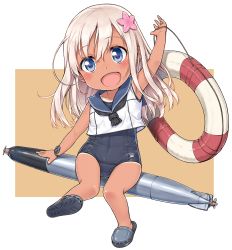 Rule 34 | 10s, 1girl, blonde hair, blue eyes, blush, bracelet, chibi, crocs, crop top, flower, hair flower, hair ornament, jewelry, kantai collection, komase (jkp423), lifebuoy, long hair, one-piece swimsuit, one-piece tan, open mouth, ro-500 (kancolle), sailor collar, school swimsuit, simple background, sitting, smile, solo, swim ring, swimsuit, swimsuit under clothes, tan, tanline, torpedo