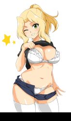 Rule 34 | 1girl, absurdres, alternate hairstyle, blonde hair, breasts, cameltoe, clothes lift, denim, denim shorts, girls und panzer, green eyes, highres, kay (girls und panzer), large breasts, lifting own clothes, lingerie, looking at viewer, navel, one eye closed, open clothes, open shorts, ponytail, shirt lift, shorts, smile, solo, teeth, thighhighs, umeta shirisuke, underwear