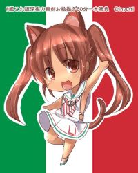 Rule 34 | 10s, 1girl, animal ears, brown eyes, brown hair, cat ears, chibi, dark-skinned female, dark skin, dress, hat, inyucchi, italian flag, kantai collection, libeccio (kancolle), long hair, open mouth, sailor dress, solo, twintails