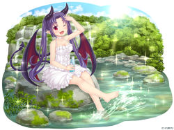Rule 34 | 1girl, ;d, bare arms, bare shoulders, barefoot, black wings, blue sky, blush, bottle, breasts, choker, cloud, collarbone, company name, day, demon girl, demon horns, demon tail, demon wings, dress, drink, feet, full body, hair ornament, hand up, holding, holding bottle, horns, lens flare, long hair, looking at viewer, medium breasts, monmusu harem, monmusume-harem, moss, namaru (summer dandy), nature, official art, one eye closed, open mouth, outdoors, pointy ears, pond, purple hair, red eyes, red wings, richelle (monmusume-harem), shiny skin, short dress, sitting, sky, smile, solo, sparkle, splashing, sundress, tail, tree, twintails, water, waterfall, white background, white choker, white dress, wings