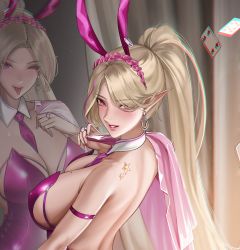 Rule 34 | 1girl, blonde hair, breasts, card, different reflection, earrings, highres, indie virtual youtuber, jewelry, large breasts, leotard, mole, mole on breast, necktie, pink eyes, pink leotard, pink necktie, playboy bunny, playing card, pointy ears, ponytail, reflection, ring, star (symbol), tongue, tongue out, tsuki no i-min, virtual youtuber