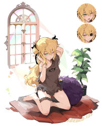 Rule 34 | 1girl, :/, :3, adjusting hair, arm up, artist name, barefoot, black ribbon, black shirt, blonde hair, blush, bridal garter, commentary request, covered navel, expressions, fischl (genshin impact), flower pot, full body, furrowed brow, genshin impact, green eyes, hair ribbon, ideolo, kneeling, long hair, off-shoulder shirt, off shoulder, one eye closed, oz (genshin impact), ribbon, see-through, see-through silhouette, shirt, short sleeves, simple background, solo, thigh strap, thighs, two side up, white background, window, wooden floor