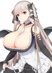 Rule 34 | 1girl, absurdres, azur lane, bare shoulders, between breasts, black dress, blush, breasts, chixiao, cleavage, dress, earrings, flight deck, formidable (azur lane), frilled dress, frills, grey hair, hair ribbon, head tilt, highres, huge breasts, jewelry, long hair, long sleeves, looking at viewer, red eyes, ribbon, simple background, skirt hold, solo, twintails, two-tone dress, very long hair, white background