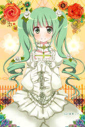 Rule 34 | 1girl, aoba mina, artist name, bad id, bad pixiv id, dress, flower, gloves, green eyes, green hair, hair flower, hair ornament, hatsune miku, long hair, looking at viewer, matching hair/eyes, own hands clasped, own hands together, rose, smile, solo, twintails, vocaloid