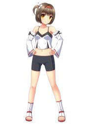 Rule 34 | 1girl, bike shorts, brown eyes, brown hair, camisole, collarbone, detached sleeves, full body, hair ornament, hairband, hands on own hips, ki (kk-sk-ray), legs apart, looking at viewer, navel, original, red hairband, short hair, smile, solo, white background