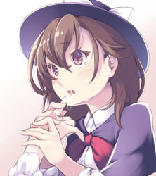 Rule 34 | 1girl, blush, bow, brown eyes, brown hair, capelet, collared shirt, eyebrows, eyelashes, finger in another&#039;s mouth, finger sucking, finger to mouth, gradient background, hair between eyes, hand grab, hat, hat bow, looking at another, looking away, midorino eni, nail polish, open mouth, out of frame, pink nails, purple hat, red background, red bow, saliva, saliva trail, sexually suggestive, shirt, solo focus, sweat, touhou, upper body, usami renko, white shirt