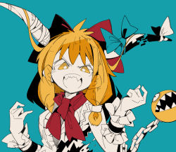Rule 34 | 1girl, blonde hair, blue background, blue bow, bow, bright pupils, center frills, chain chomp, chain, frills, hair bow, hands up, horn bow, horns, ibuki suika, long hair, massakasama, open mouth, red bow, red neckwear, sharp teeth, shirt, simple background, smile, solo, teeth, touhou, upper body, v-shaped eyebrows, white pupils, white shirt, wrist cuffs, yellow eyes