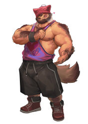 Rule 34 | 1boy, :q, animal ear headwear, bara, bare pectorals, beard, blush, boots, borrowed character, brown fur, clothes pull, come hither, dog boy, facial hair, fake animal ears, hairy, hand hair, hat over eyes, heart, highres, large pectorals, male focus, mr.knitted hat (john69tsuyoshi), muscular, muscular male, mustache, nipples, original, outstretched hand, pants, pectorals, pencil mustache, pink beanie, pink tank top, presenting sidepec, reaching, reaching towards viewer, shirt pull, shorts, solo, standing, strongman waist, tank top, thick arm hair, thick back hair, thick beard, thick chest hair, thick leg hair, tongue, tongue out, track pants, very hairy, zoyu (wuedti)