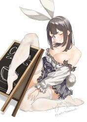 Rule 34 | absurdres, animal ears, bare shoulders, black eyes, black hair, breasts, cleavage, detached sleeves, dress, feet, frilled dress, frills, grey dress, hairband, highres, large breasts, leg up, legs up, long sleeves, mbr90munouk, medium hair, multicolored clothes, off-shoulder dress, off shoulder, one eye closed, original, rabbit ears, rabbit tail, simple background, soles, tail, thighhighs, two-tone dress, white background, white dress, white thighhighs