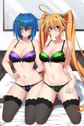 Rule 34 | 2girls, ahoge, bare shoulders, bed, black legwear, black ribbon, blue hair, bra, breasts, cleavage, closed mouth, collarbone, commentary, english commentary, female focus, gluteal fold, green bra, green panties, hair between eyes, hand on another&#039;s hip, hand on own hip, high school dxd, indoors, kneeling, large breasts, light smile, lindaroze, lingerie, long hair, looking at viewer, midriff, mirror, multicolored hair, multiple girls, navel, on bed, orange hair, panties, patreon username, pink eyes, purple bra, purple panties, ribbon, ring hair ornament, shidou irina, streaked hair, thighhighs, thighs, twitter username, underwear, underwear only, very long hair, watermark, web address, xenovia quarta