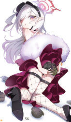 Rule 34 | 1girl, bare shoulders, black footwear, black panties, blue archive, blush, commentary, dress, earrings, explosive, fishnet thighhighs, fishnets, from behind, fur shawl, grenade, grey hair, halo, high heels, highres, holding, holding grenade, jewelry, keyfanjun, kneeling, kneepits, knees together feet apart, long hair, looking at viewer, mutsuki (blue archive), mutsuki (dress) (blue archive), official alternate costume, one eye closed, open mouth, panties, pearl earrings, pointy ears, red dress, red halo, shawl, simple background, sleeveless, sleeveless dress, solo, thighhighs, underwear, white background, white fur