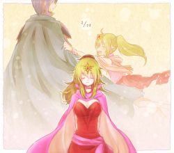Rule 34 | 1boy, 1girl, age comparison, aged up, armor, bad id, bad pixiv id, blonde hair, blush, breasts, cape, choker, cleavage, closed eyes, dress, dual persona, fire emblem, fire emblem: mystery of the emblem, fire emblem awakening, flashback, green hair, hair ornament, hair ribbon, long hair, marth (fire emblem), nintendo, open mouth, pointy ears, ponytail, ribbon, smile, tiki (adult) (fire emblem), tiki (fire emblem), tiki (young) (fire emblem), umi hare