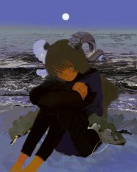 Rule 34 | 1girl, :o, arms on knees, azigashimitoru, crossed arms, feet out of frame, horns, knees to chest, knees up, long hair, long sleeves, looking at viewer, moon, ocean, original, outdoors, sitting, sky, solo, water