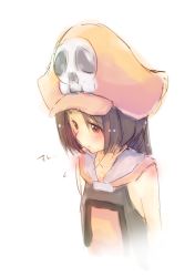 Rule 34 | 1girl, blush, brown eyes, brown hair, guilty gear, guilty gear xrd, hat, komugi yurise, long hair, may (guilty gear), orange hat, pirate hat, simple background, skull, skull and crossbones, solo, white background, yurise, yurise komugi