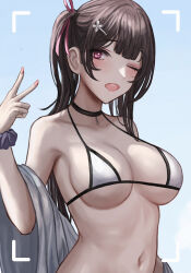 Rule 34 | 1girl, ;d, bare shoulders, bikini, black choker, black hair, blue background, blush, breasts, choker, cleavage, collarbone, commentary, english commentary, hair ornament, hair ribbon, hairclip, hand up, highres, looking at viewer, navel, one eye closed, open mouth, original, pink eyes, pink ribbon, ribbon, selcky, sideboob, simple background, smile, solo, swimsuit, underboob, upper body, v, white bikini