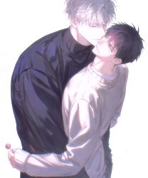 Rule 34 | 1blgs, 2boys, absurdres, black sweater, brown hair, candy, closed eyes, closed mouth, food, highres, holding, holding candy, holding food, holding lollipop, hug, ilay riegrow, jeong taeui, light particles, lollipop, long sleeves, male focus, multiple boys, passion (manhwa), simple background, smile, sweater, teeth, upper body, white background, white hair, yaoi