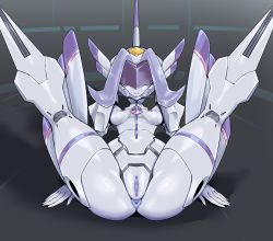 Rule 34 | 1girl, anus, blush, breasts, chlorophytum, closed mouth, colored skin, darling in the franxx, folded, highres, kneepits, looking at viewer, nipples, one eye covered, pochincoff, purple hair, pussy, robot, small breasts, smile, solo, spread legs, uncensored, visor, white skin