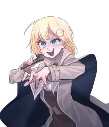 Rule 34 | 1girl, blonde hair, blue eyes, brown capelet, capelet, facial hair, hair ornament, highres, hololive, hololive english, microphone, mustache, necktie, open mouth, red necktie, short necktie, simple background, smile, solo, virtual youtuber, watson amelia, white background, zedd (zedgawr)