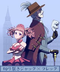 Rule 34 | 1boy, 1girl, cane, cape, crossed arms, facial hair, gloves, guy fawkes mask, hat, highres, holding, holding mask, jack the ripper (shuumatsu no valkyrie), looking at viewer, mask, monocle, mustache, pink hair, purple eyes, shuumatsu no valkyrie, twintails