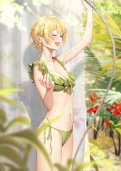 Rule 34 | 1girl, ame (uten cancel), arm up, bare arms, bikini, blonde hair, blush, breasts, cleavage, closed eyes, flower, from side, green bikini, highres, holding, holding shower head, idolmaster, idolmaster shiny colors, large breasts, navel, open mouth, outdoors, saijo juri, short hair, shower head, showering, side-tie bikini bottom, solo, swimsuit, wet