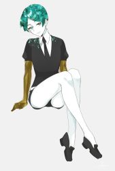 Rule 34 | 1other, androgynous, commentary request, crystal hair, gem uniform (houseki no kuni), golden arms, green eyes, green hair, grey background, highres, houseki no kuni, looking at viewer, necktie, phosphophyllite, short hair, short sleeves, shorts, simple background, smile, solo, syu-fu