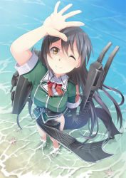 Rule 34 | 10s, 1girl, arm up, barefoot, black hair, breasts, chikuma (kancolle), day, foreshortening, from above, full body, highres, in water, kantai collection, long hair, looking at viewer, looking up, machinery, ocean, one eye closed, open hand, pelvic curtain, shading eyes, smile, solo, standing, starfish, very long hair, wading, water, yasume yukito, yellow eyes