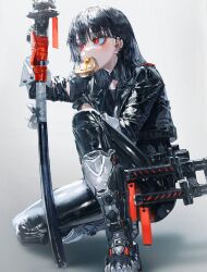 Rule 34 | 1girl, armor, black hair, bread slice, copyright request, ear piercing, eating, food, full body, gloves, gradient background, grey background, hair behind ear, highres, holding, holding food, jacket, katana, leather, leather jacket, leather pants, long hair, looking ahead, on one knee, original, pants, piercing, quasarcake, red eyes, sheath, sheathed, simple background, solo, sword, toast, weapon