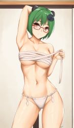 Rule 34 | 1girl, arcie albano, arm up, armpits, bandages, black flower, black rose, breasts, brown eyes, chest sarashi, cleavage, collarbone, commentary, cowboy shot, flower, fundoshi, glasses, gluteal fold, green hair, groin, hair flower, hair ornament, highres, indoors, japanese clothes, large breasts, looking at viewer, matsudaira motoyasu, midriff, navel, oda nobuna no yabou, parted lips, red-framed eyewear, rose, sarashi, short hair, solo, standing, stomach, strapless, thighs, tube top, underboob