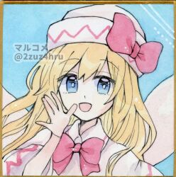 Rule 34 | 1girl, 2zuz4hru, :d, blonde hair, blue background, blue eyes, bow, bowtie, collared dress, commentary request, dress, fairy wings, hat, hat bow, lily white, long hair, long sleeves, open mouth, painting (medium), red bow, red bowtie, simple background, smile, solo, touhou, traditional media, very long hair, watercolor (medium), white dress, white hat, wide sleeves, wings