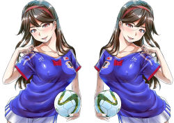 Rule 34 | 1girl, 2014 fifa world cup, ball, brazuca, breasts, brown eyes, brown hair, covered erect nipples, harurunn, japan, long hair, multiple views, original, parted lips, simple background, smile, soccer, soccer ball, soccer uniform, sportswear, white background, world cup