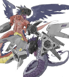 Rule 34 | 2boys, abs, arm cannon, artist request, digimon, digimon (creature), dragon, dragon tail, dragon wings, flying, gauntlets, gigadramon, helmet, highres, looking at viewer, mask, mechanical wings, megadramon, multiple boys, muscular, open mouth, sharp teeth, simple background, tail, teeth, weapon, wings