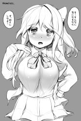 Rule 34 | 10s, 1girl, blush, breasts, female focus, greyscale, hair ribbon, hand on own hip, highres, kantai collection, large breasts, looking at viewer, monochrome, naganami (kancolle), open mouth, ribbon, sakimori dan, skirt, solo, translation request