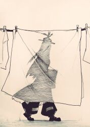 Rule 34 | 1girl, clothes pin, clothesline, commentary, english commentary, from side, fujiwara no mokou, full body, greyscale, hat, kamishirasawa keine, laundry, long hair, monochrome, puffy pants, see-through silhouette, shoes, simple background, touhou, very long hair, walking, xmzhier