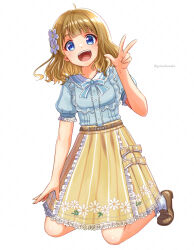 Rule 34 | 1girl, ahoge, aqua bow, aqua bowtie, aqua shirt, belt, belted skirt, blue eyes, bow, bowtie, brown belt, brown footwear, brown hair, buttons, child, commentary request, dot nose, floral print, flower, frilled shirt, frilled skirt, frills, full body, gomasho asuka, hair flower, hair ornament, hand up, idolmaster, idolmaster million live!, idolmaster million live! theater days, kneeling, looking at viewer, official alternate costume, open mouth, puffy short sleeves, puffy sleeves, shirt, shoes, short hair, short sleeves, skirt, smile, socks, solo, suou momoko, teeth, twitter username, upper teeth only, v, wavy hair, white background, white socks, yellow skirt