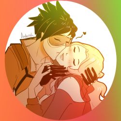 Rule 34 | blush, couple, emily (overwatch), closed eyes, goggles, heart, highres, kiss, long hair, overwatch, overwatch 1, scarf, simple background, spiked hair, tracer (overwatch), watermark, white background, yuri