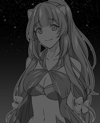 Rule 34 | 1girl, akikan ooo, animal ears, arms behind back, bare shoulders, bikini, blunt bangs, breasts, cleavage, closed mouth, collarbone, flower, gradient background, greyscale, hair flower, hair ornament, high ponytail, long hair, looking at viewer, midriff, monochrome, navel, night, night sky, ponytail, raccoon ears, raccoon girl, raphtalia, shirt, sky, smile, solo, stomach, swimsuit, tate no yuusha no nariagari, upper body