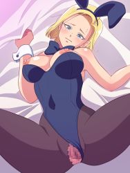 Rule 34 | 1girl, android 18, animal ears, bed, bed sheet, blonde hair, blue eyes, blush, breasts, censored, dragon ball, dragonball z, earrings, erodon hearts, fake animal ears, female focus, highres, jewelry, large breasts, leotard, lying, nipples, pantyhose, playboy bunny, pussy, rabbit ears, sheet grab, short hair, smile, solo, spread legs, torn clothes, torn pantyhose